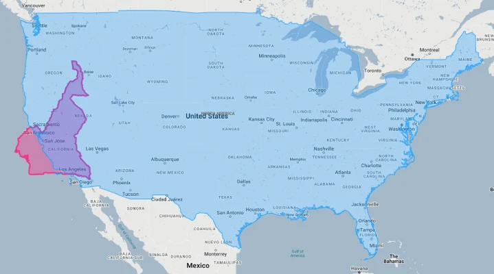 Cameroon overlaid on california usa