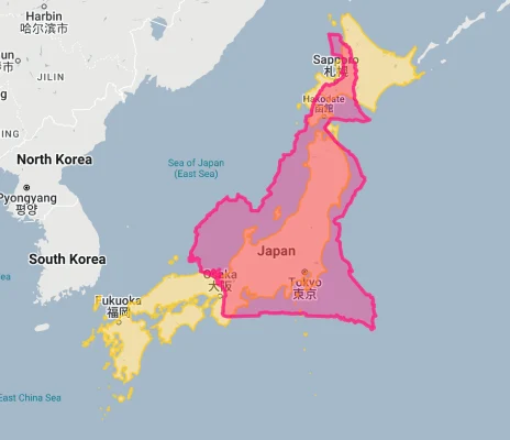 Cameroon overlaid on japan