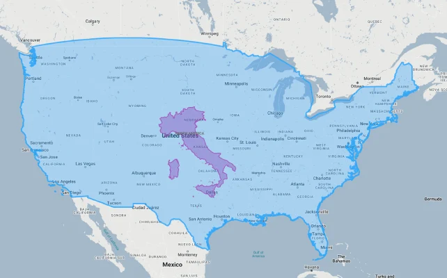 italy overlaid on usa